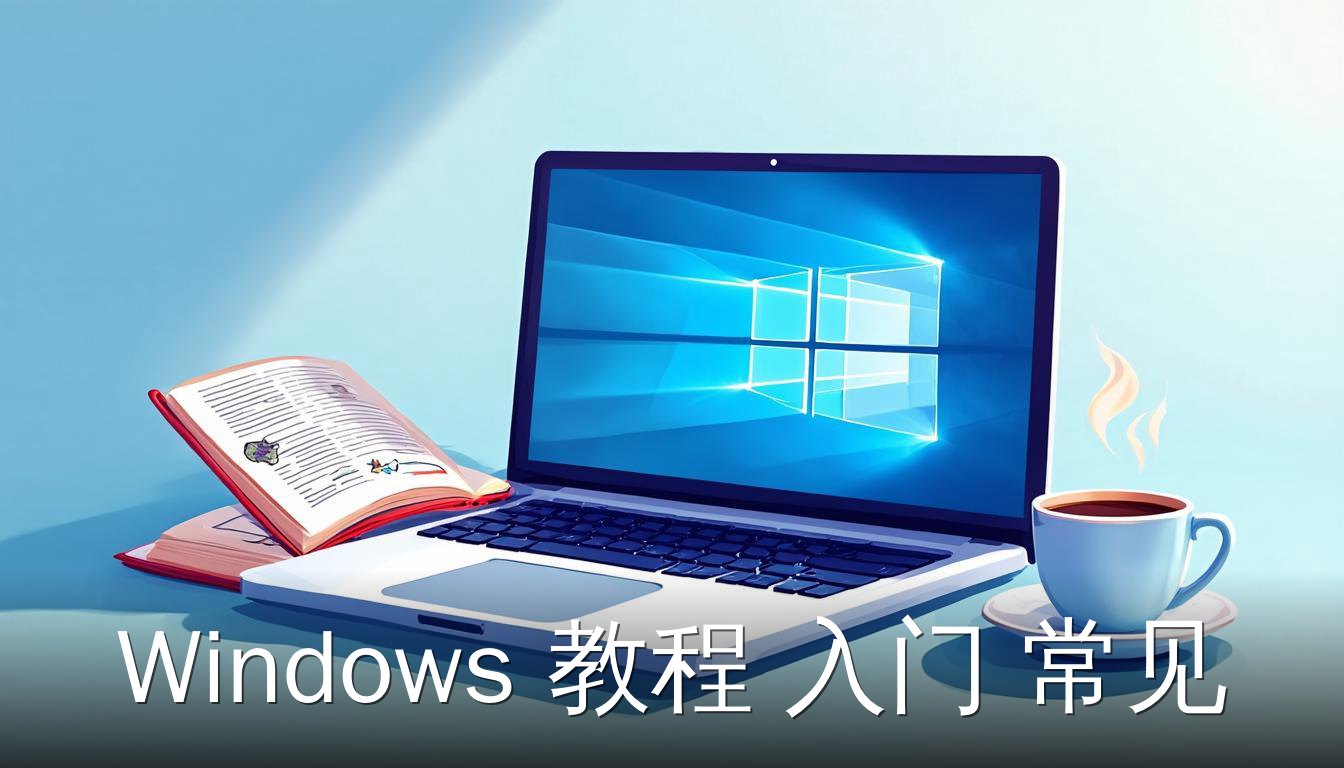 Windows 11桌面与教程书籍和咖啡杯的扁平插画